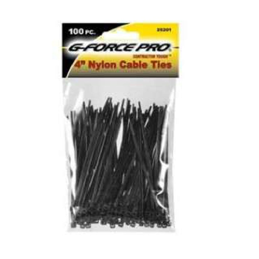 A clear plastic package labeled G FORCE 25201 contains 100 industrial-quality 4 in. x 3/32 in. black nylon cable ties, neatly bundled for efficient cable management.